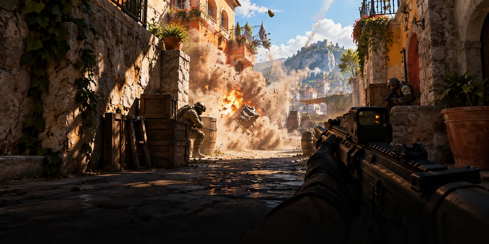 A grenade explosion in an alley, a clip saved confirmation in the top right and the app's clip list at the bottom