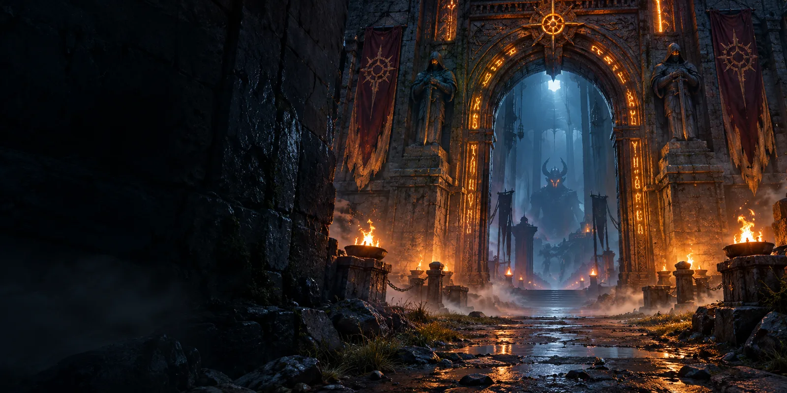 A dungeon gate with a boss in the background, on the left the Advisor panel with a tip for this boss