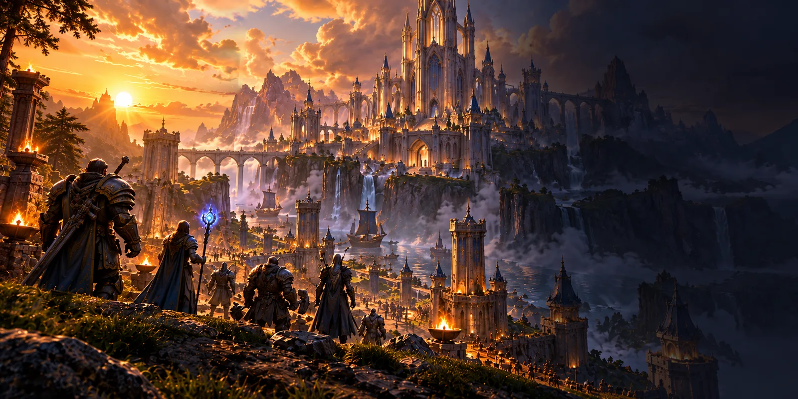 A party of heroes on the way to a castle city at sunset, on the right the post-game card with the list of bosses killed