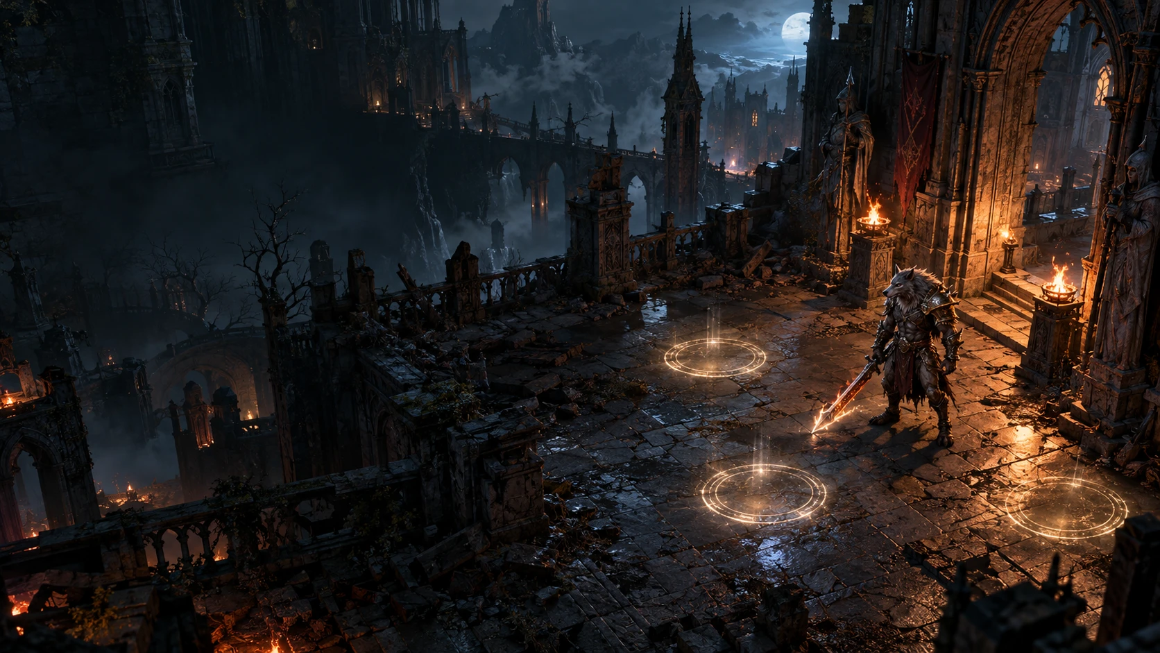 A hero alone in a cathedral courtyard, an open team label in the top left and the Find a Team panel below it